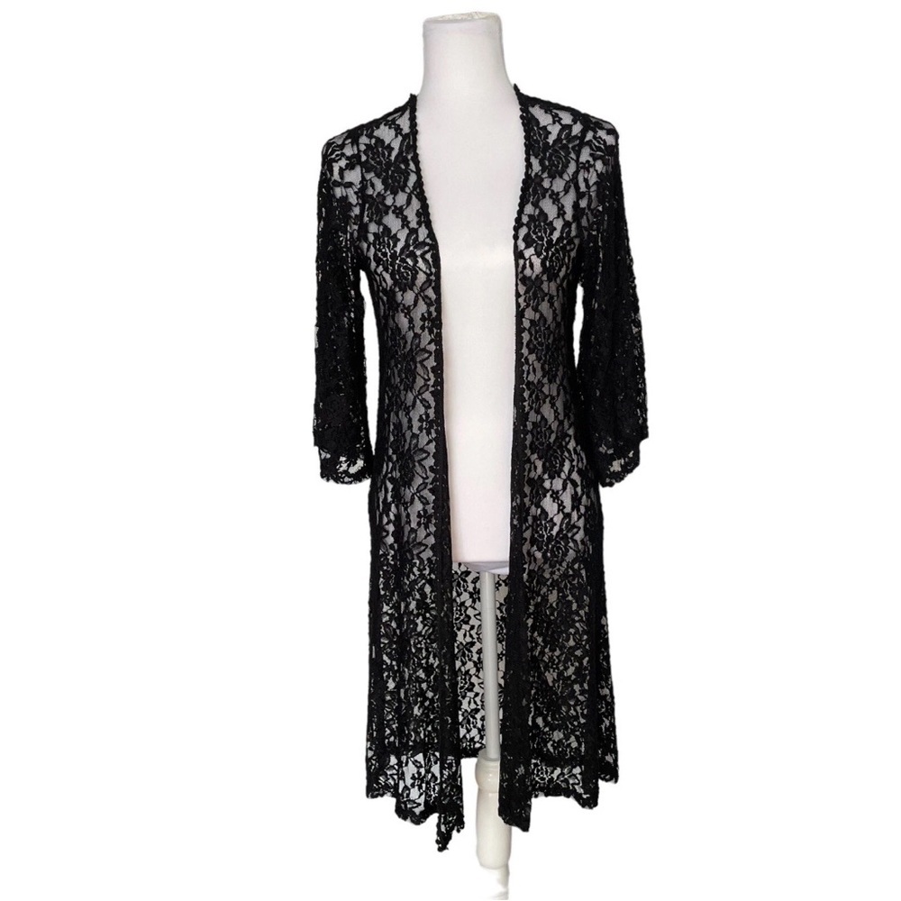 Mauve Black Floral Lace Maxi Kimono Cardigan Open Front NWT Women’s Size Small - Picture 3 of 13